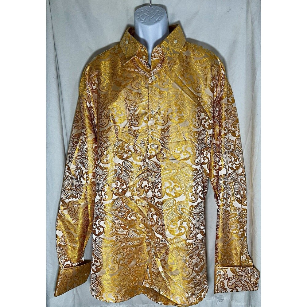 Manzini Men's Dress Shirt 4XL 34/35 Gold & White Paisley Easy Care